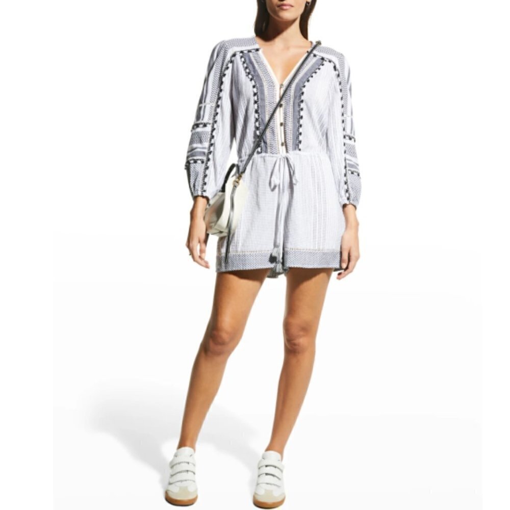 Veronica Beard "Bayleise" Tassel-Trim Cotton Romper, Black Multi